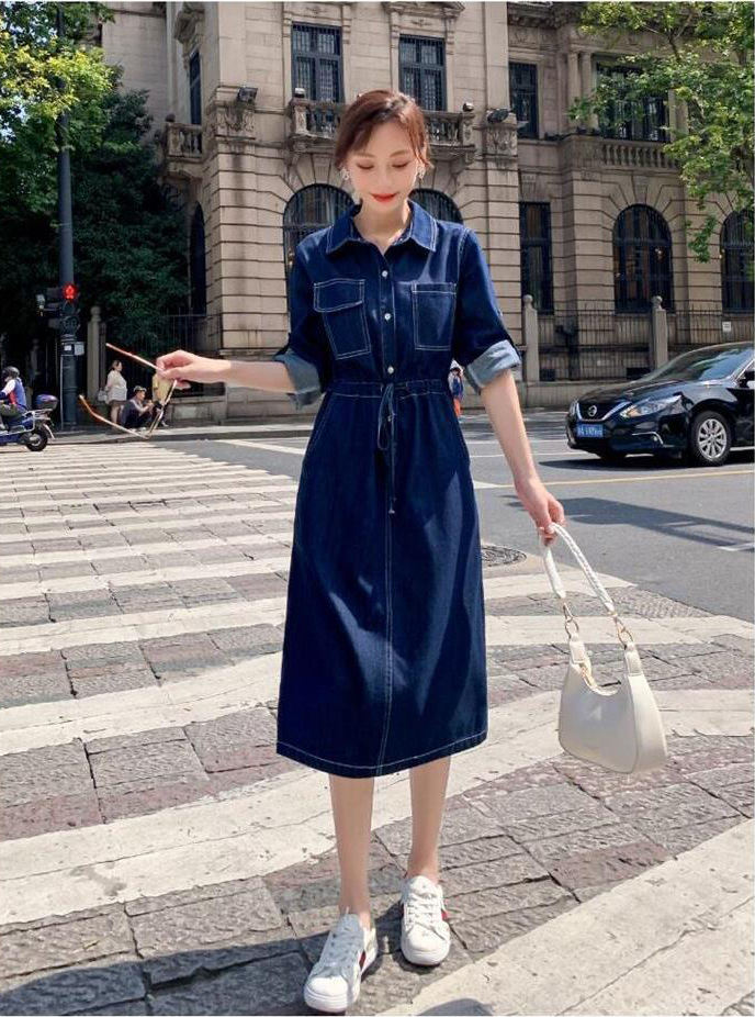 ĐẦM JEAN DENIM XÒE CỔ SƠ MI EO RÚT - N25